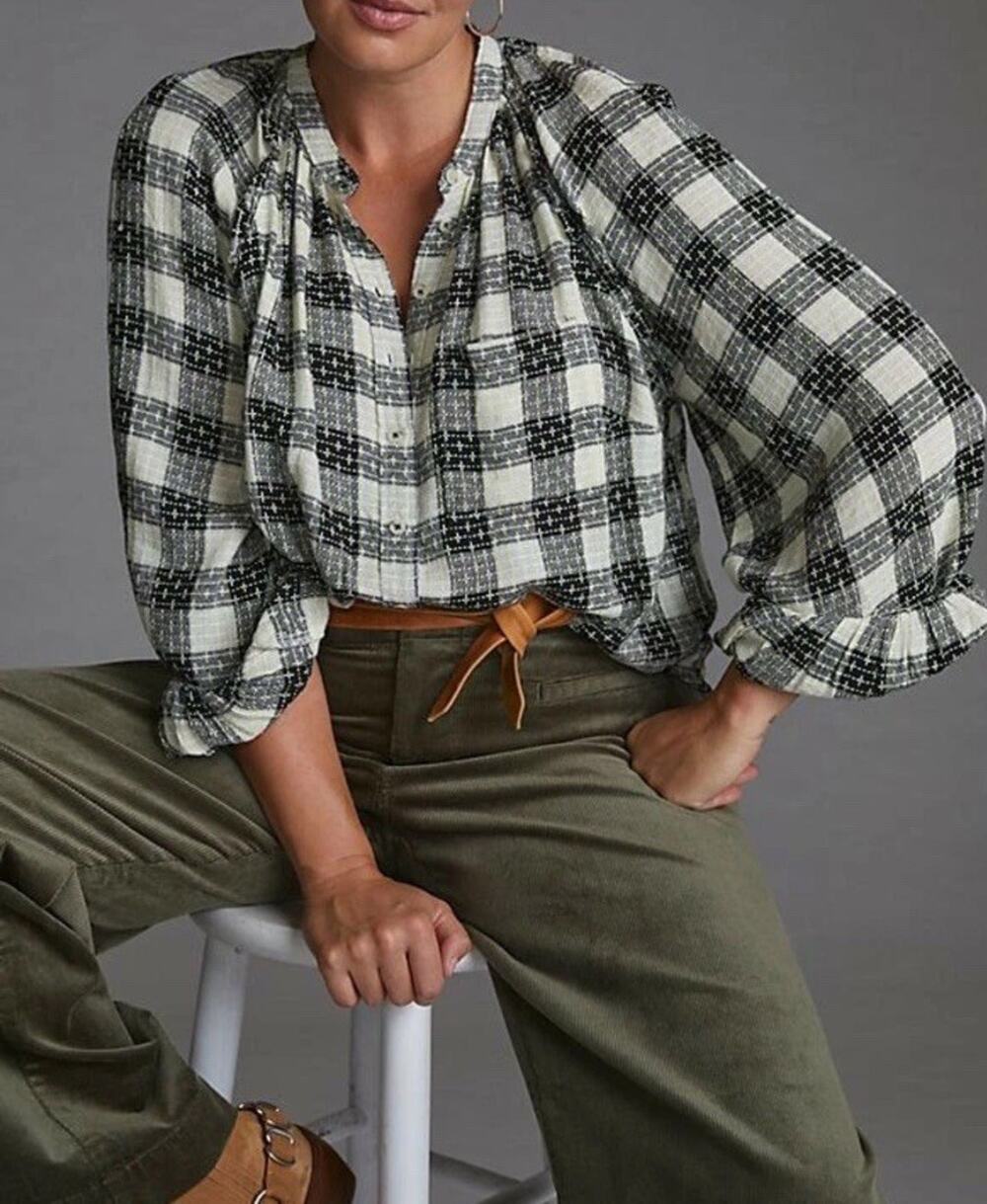 Anthropologie Pilcro Breezy Button Up Black White Plaid Relax Fit Preppy Sz XS